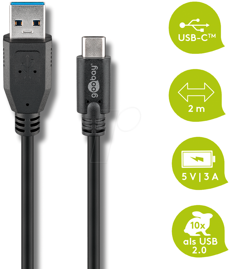 USB 3.0 Cable, USB A Plug, USB C Plug, 2m, black