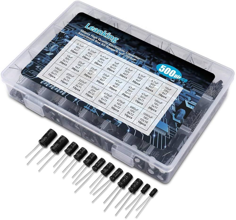 Electrolytic Capacitor Assorted Box Kit, 500pcs, 0.1uF to 1000uF, 24 Values
