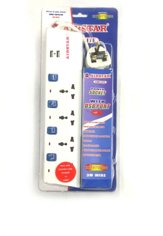 Power Extension, 4 Sockets with USB Socket