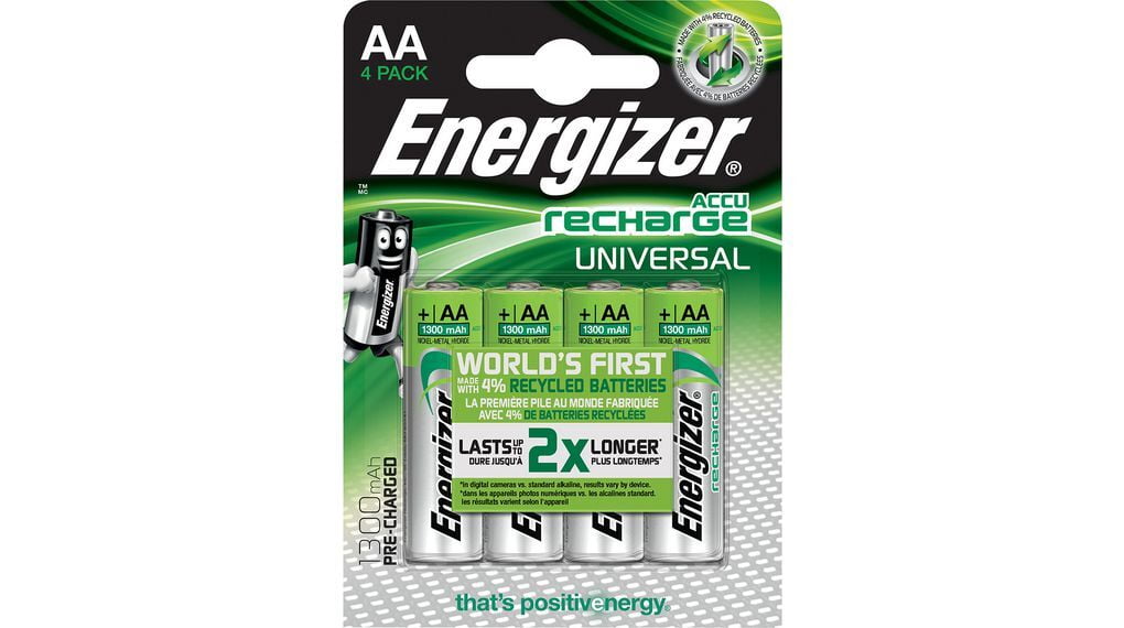 Rechargeable Battery, AA, 1.2V, 1.3Ah, Brand: Energizer, 4Pcs