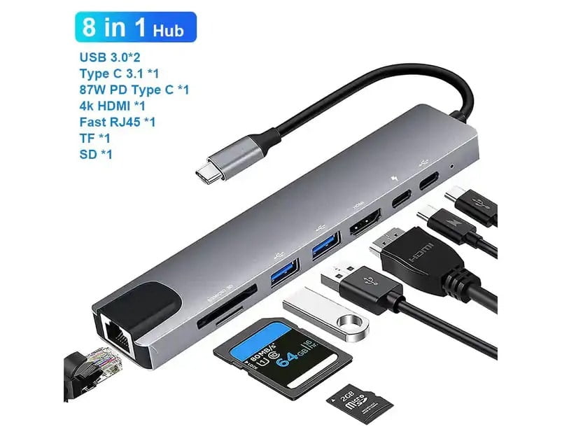 8 in 1 USB C Hub for MacBook Notebook Laptop, Type C v3.1 to 4K HDMI Adapter with RJ45 SD/TF Card Reader