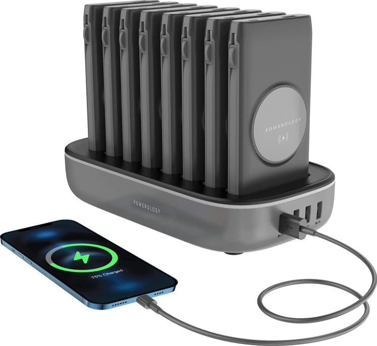 Powerology 8 in 1 Station, 10000mAh, Wireless Power Bank Built in Cable With Lightning And Type C, Black