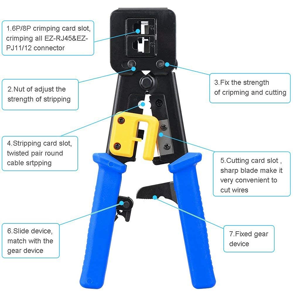 RJ45 and RJ11 Crimping Tool for pass Through Connectors