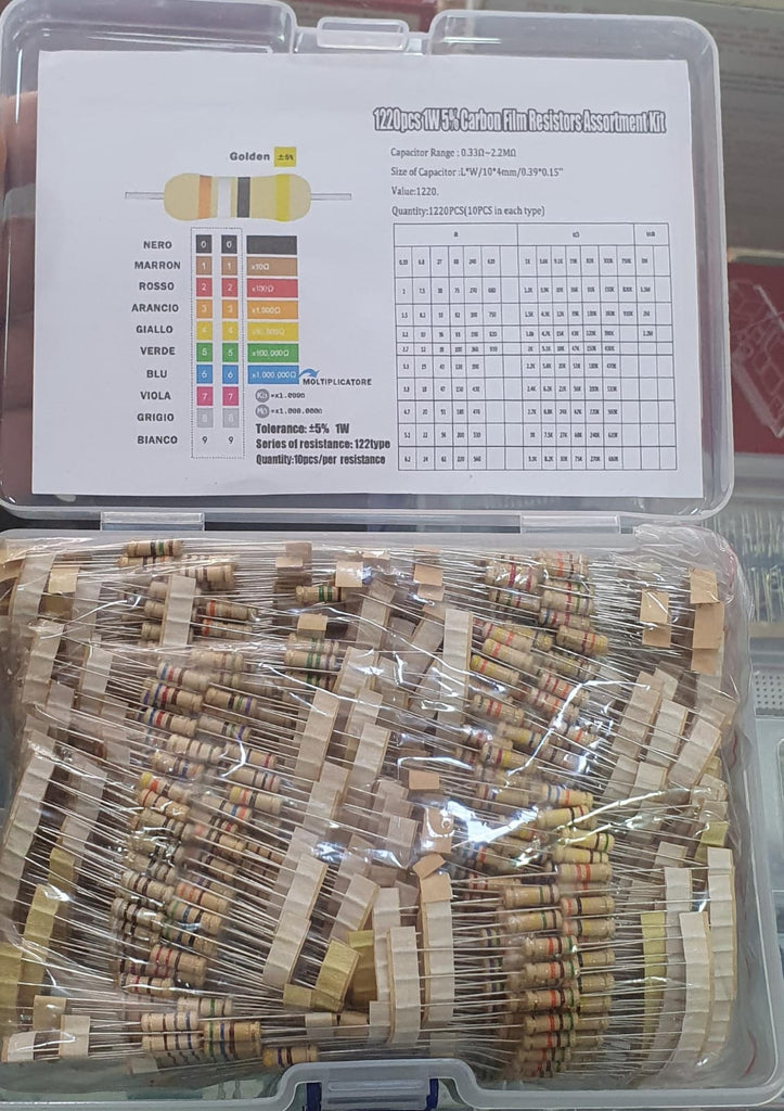 Carbon Resistor Kit, 1W, 5%, 0.33 ohm to 2.2M ohm, 1220pcs, 122 values
