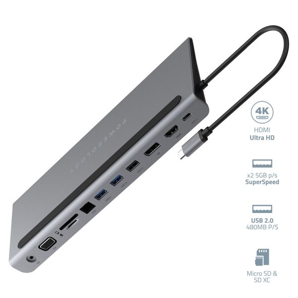 USB-C Hub & Laptop Stand 11 in 1 Multi-Display 100W Powerology- Gray