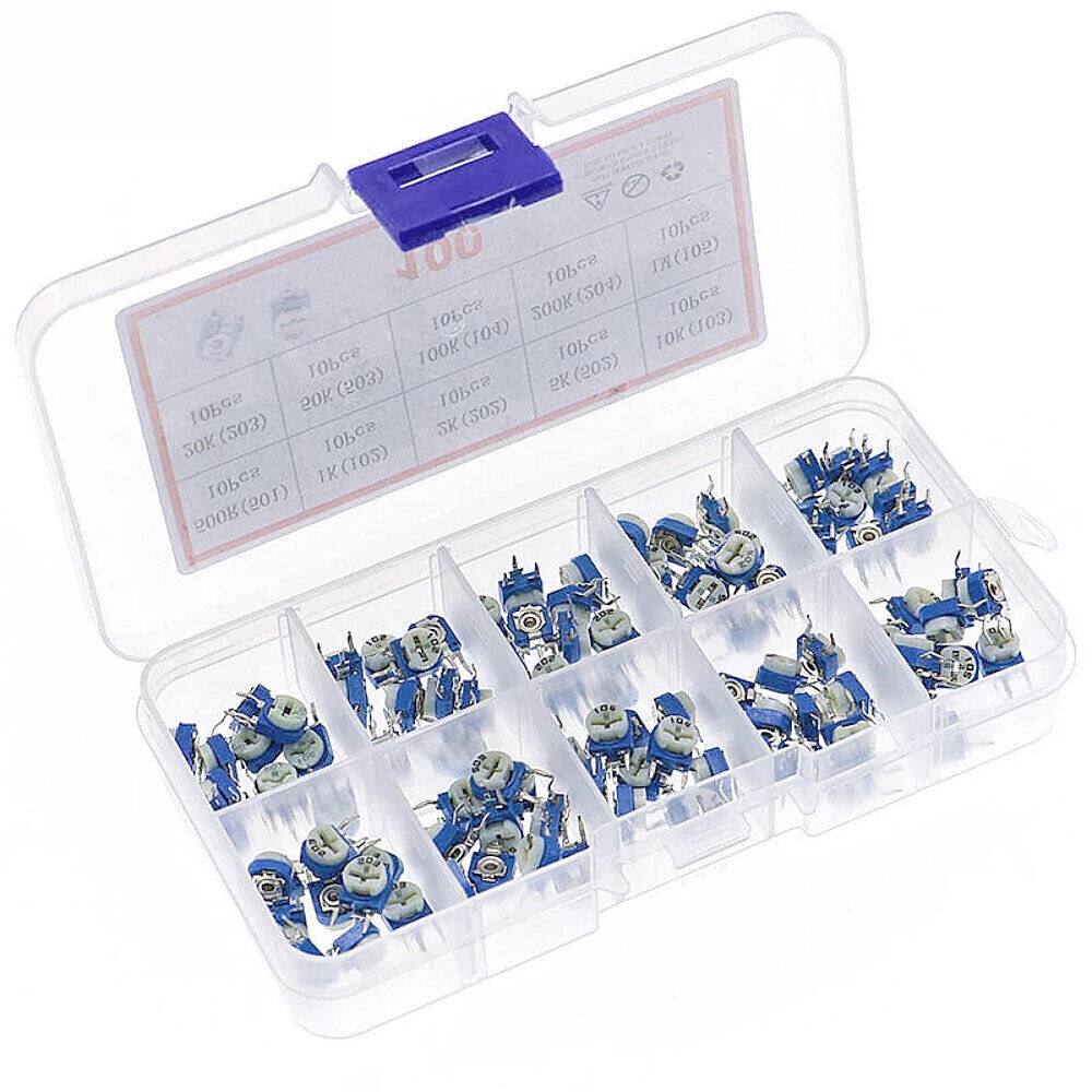 Trimpot Potentiometer Kit, 100pcs, Values Resistor from 500 ohm to 1 Mohm