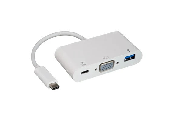 Adapter USB C plug to D-Sub 15pin HD Socket and USB A socket and USB C socket, 5Gbps, White