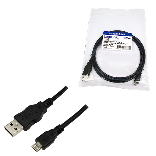 USB Cable, USB A Plug, USB B Micro Plug, 3 meter, Black