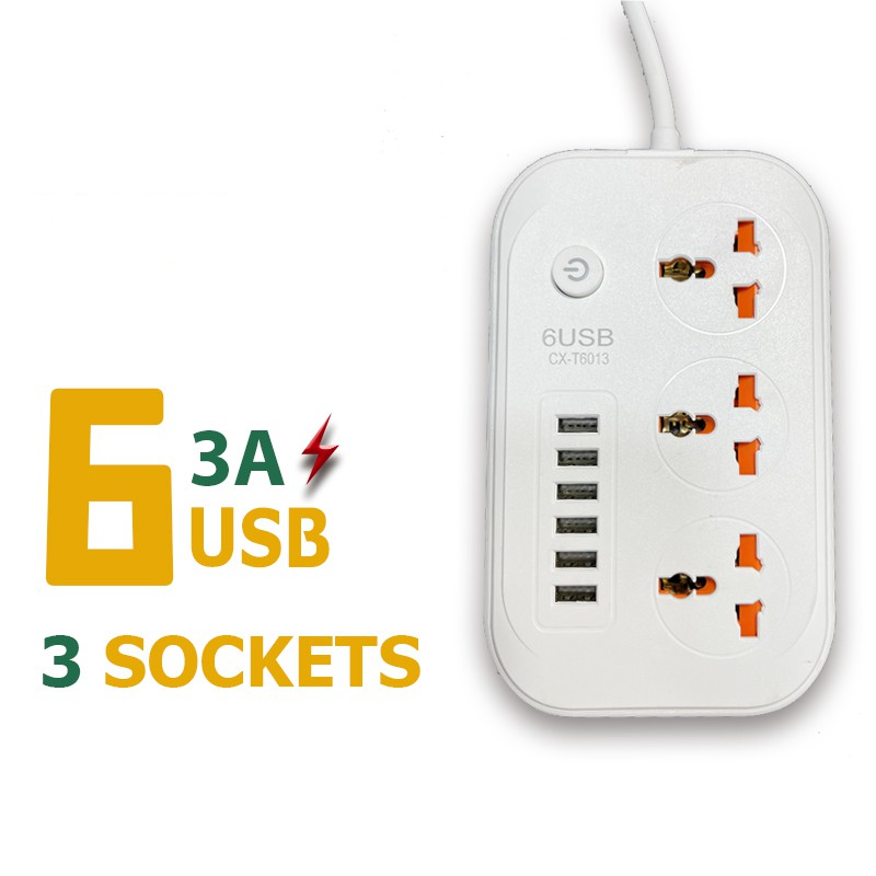 3 Power Socket with 6USB phone charging ports